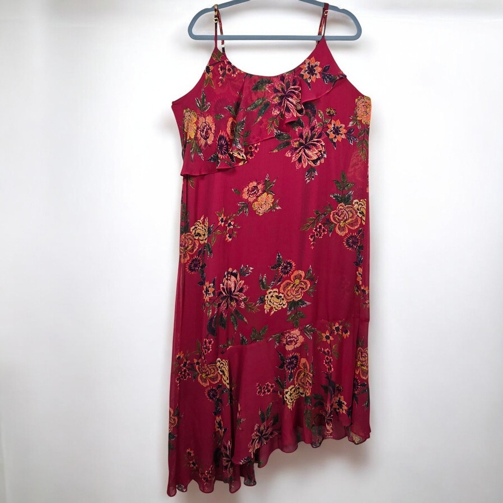 Eyeshadow‎ Midi Dress XL Floral Print Ruffle Tiered Hem Red Pink Yellow Lined